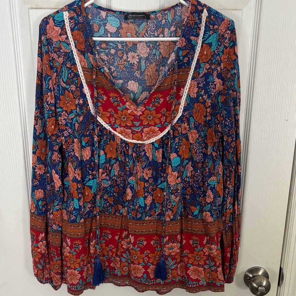 Floral PrettyGarden Boho Blouse with Lace Detail size L